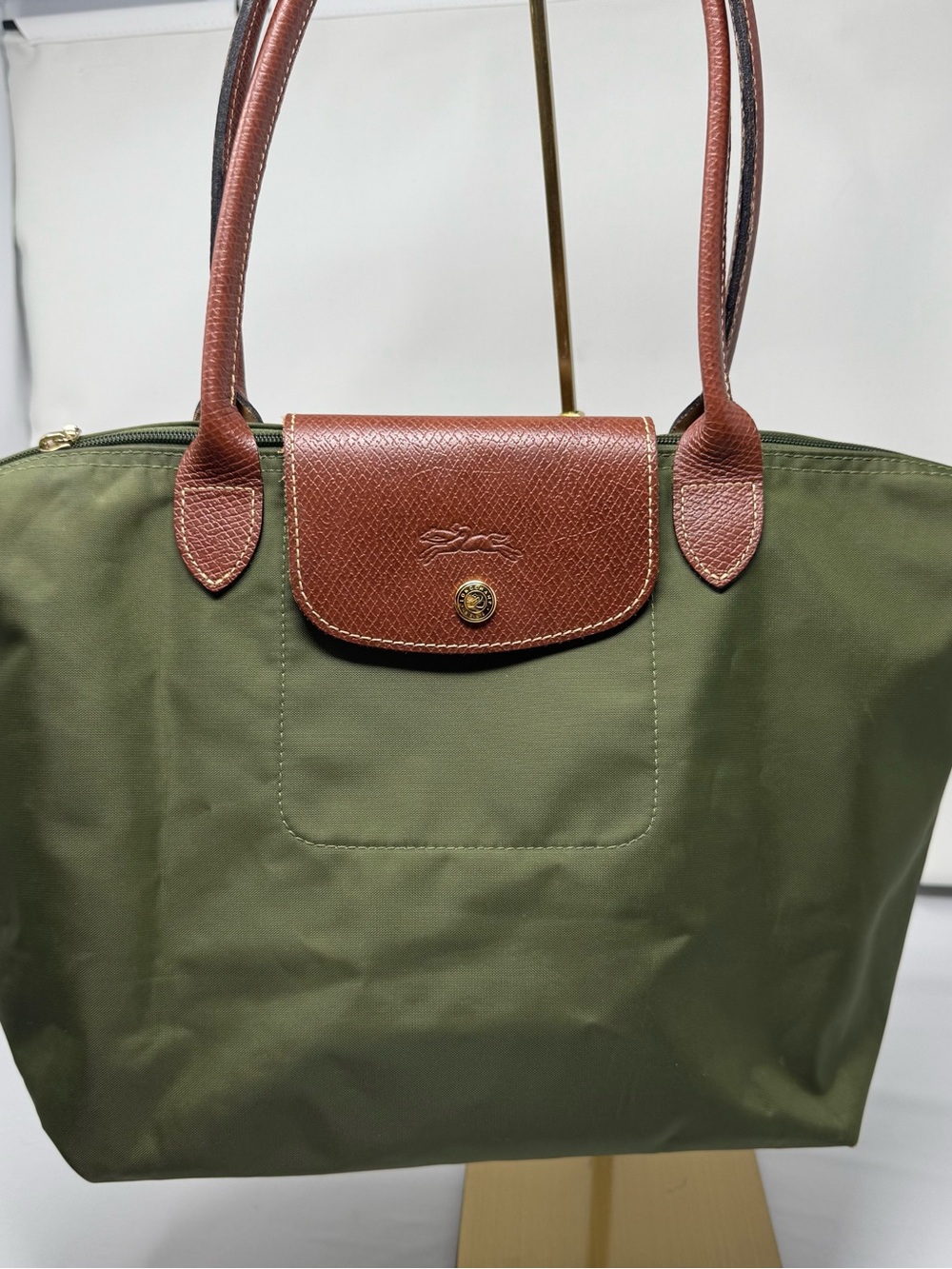 Longchamp Olive Green Tote with Brown Leather Trim